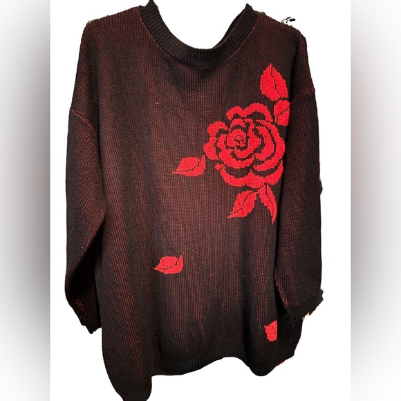 Vintage Sweaters - VTG Black and Red Roses Sweater